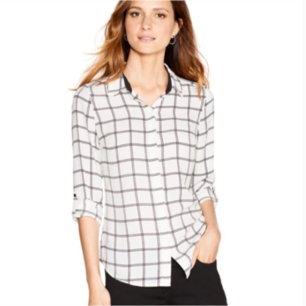 WHBM Long‎ Sleeve White with Black Windowpane Shirt Size 12 #268J